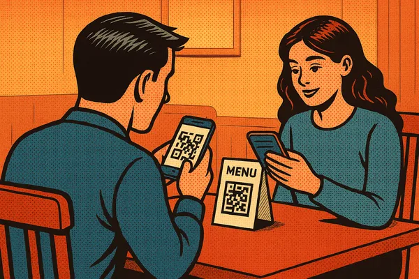 Couple at restaurant table scanning QR code to view digital menu on their phones